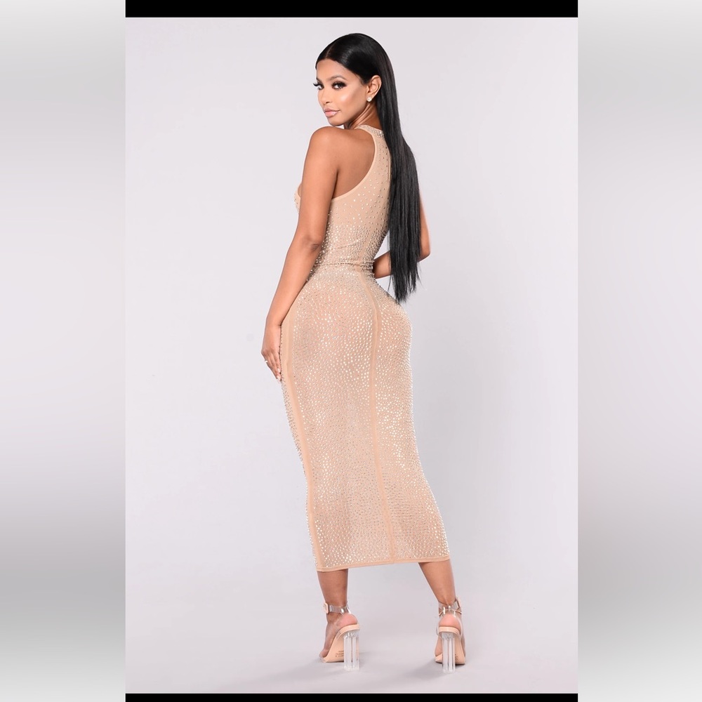 Fashion Nova Glo Up Rhinestone Dress (Nude)